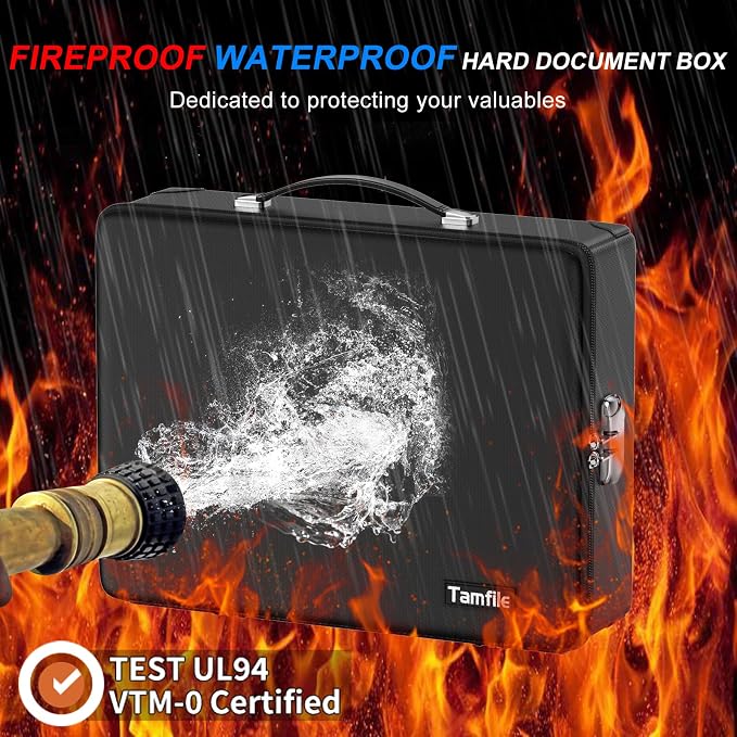 Fireproof Document Box with Fireproof Zipper, Hard Fireproof Safe Case with Lock, Fireproof Water Resistant Safe Box with Accordion File Organizer for Important Documents, Valuables, Laptop, Black