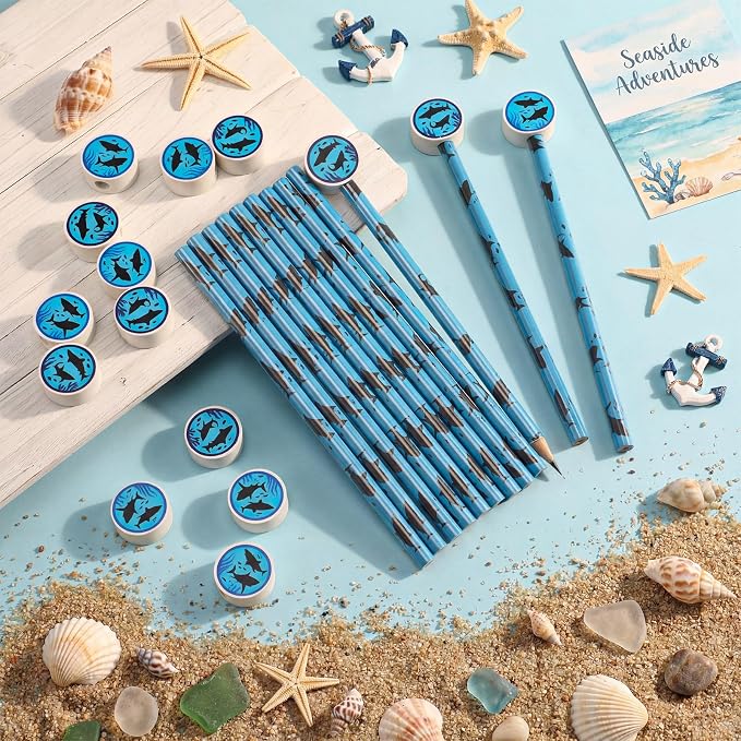 32 Pcs Summer Shark Pencil with Eraser Party Favors Gifts Shark Pen Goodie Bag Filler Under the Sea Theme Stationery Set for School Classrooms Exchange Reward Prize Home Office School Supplies