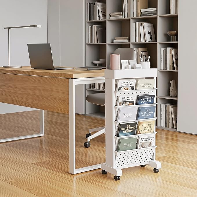 BYFU 6-Tier Rolling Bookshelf Cart, White | Movable with Wheels, File Paper Storage Organizer, For Home Office Study Classroom