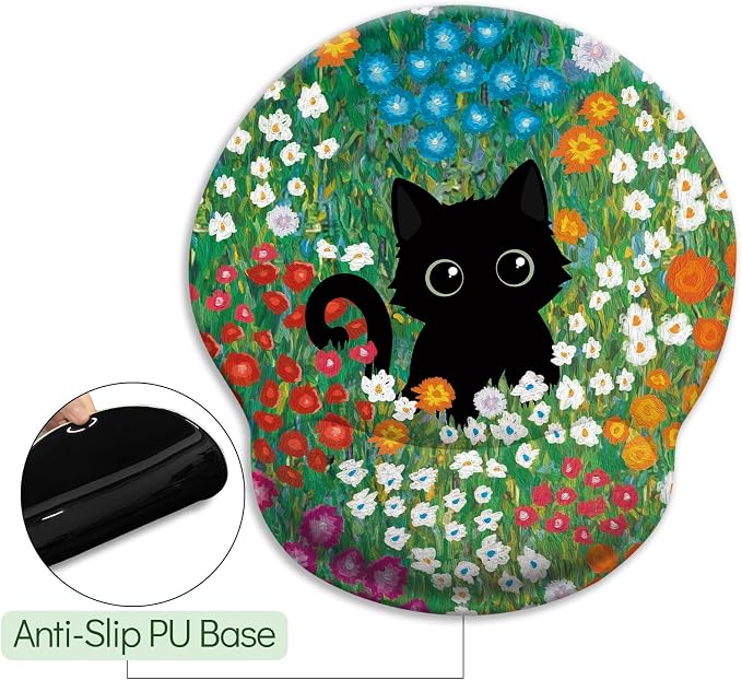 LIMKRIAN Black Cat Ergonomic Mouse Pad with Gel Wrist Rest, 9.8 x 8.6 in | Non-Slip PU Base, Smooth Surface, Cooling Gel Eases Wrist Pain, Comfort Wrist Support, Cute Office Desk Accessories Decor