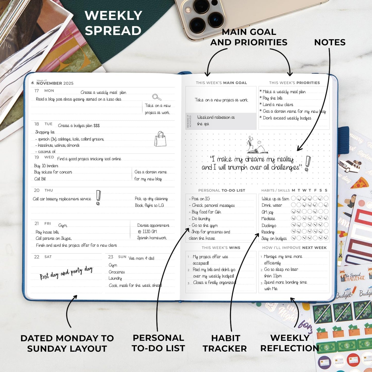 Clever Fox Dated Planner Premium 2025 – Weekly Agenda for Planning & Time Management –Notebook with Habit Tracker & To-do List (Mystic Blue)