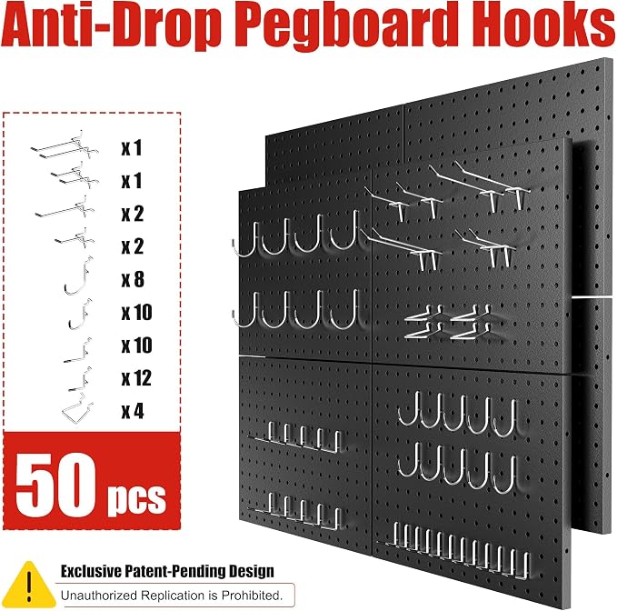 Heavy Duty Peg Board, 8 Pack Metal Pegboard Panels with 50 Hooks | Black Pegboard Organizer - Wall Mount Storage System for Garage and Garden Tools, Workbench, Office & Home Organization