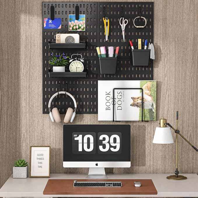 AKTOP Modular Plastic Peg Board Wall Organizer, 4 Pack, 12"x12", Black | ABS Material, Adhesive or Drill Mounting, Ideal for Office, Gaming Room, Craft Room