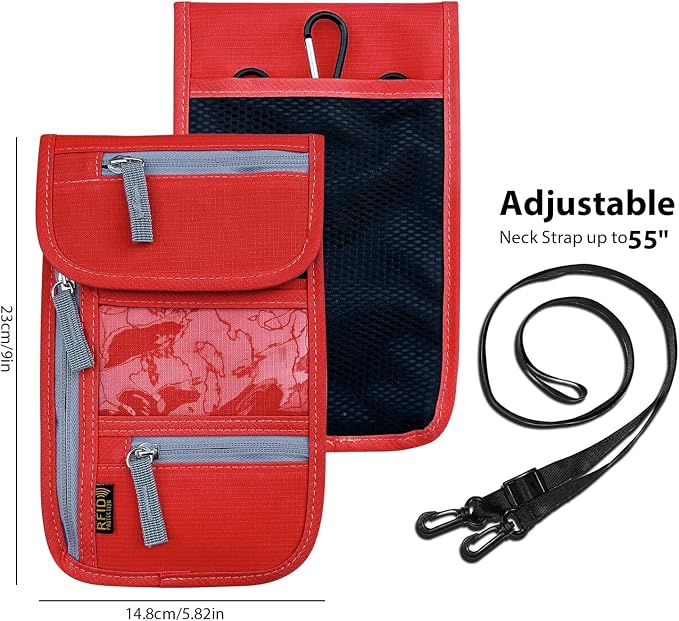 Travel Neck Wallet, RFID Blocking Passport Holder with Adjustable Neck Strap for Men and Women to Keep Cash, Credit Cards and Travel Documents Safe - Red