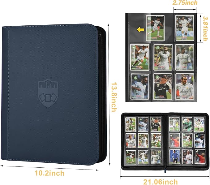360 Cards Ringless 9-Pocket Side Loading Trading Card Binder, PU Zipper Fixed Page Card Album for TCG Sports Cards, Not Fit Top Loaders (Blue)