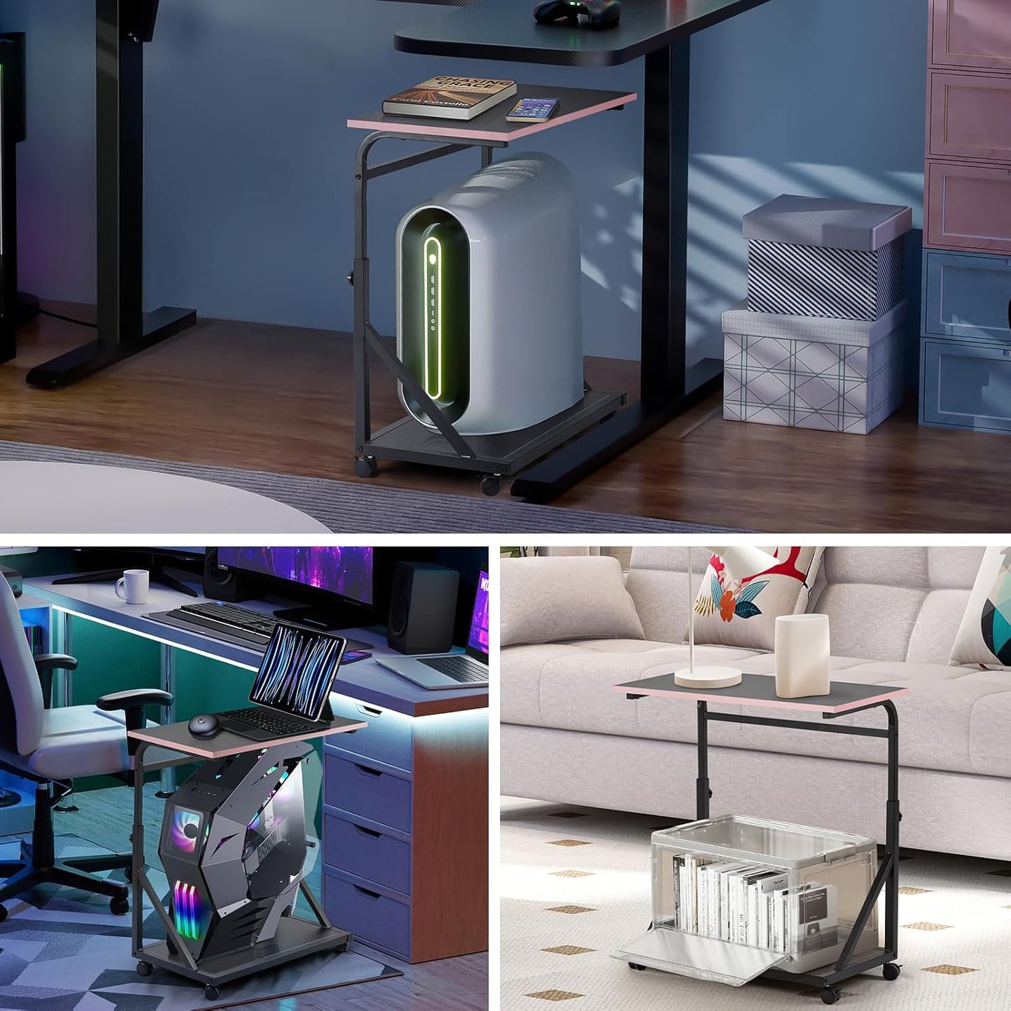 Ergonomic Height Adjustable Computer Tower Stand, 2-Tier CPU Holder Cart Under Desk, PC Floor Stand for Office Gaming Black and Pink