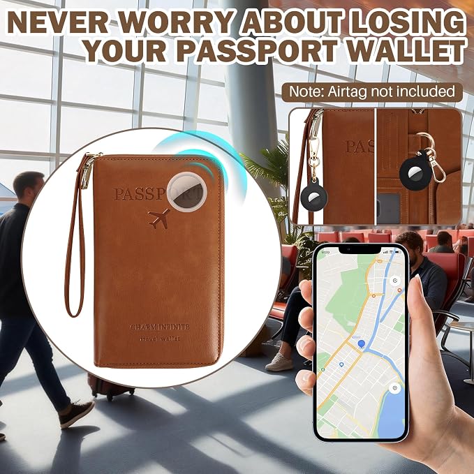 RFID Blocking Passport Wallet, PU Passport Pouch for Travel, Green | Concealed Wallet with Tracker Case, Wristlet Strap Security Travel Document Organizer Protector Wallet, Gifts for Women Men
