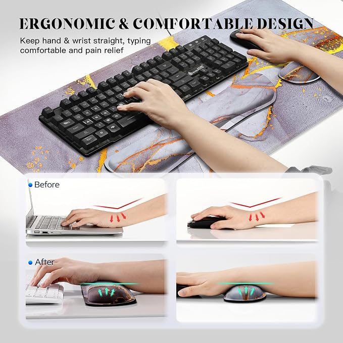 Gimars 4 in 1 Mouse Pad and Keyboard Wrist Rest Set, Large Mouse Pad with Memory Foam Wrist Support Pad for Desk with Coaster, Easy Typing Pain Relief, Gaming Office Home, 31.5x12 inch, Gray Golden