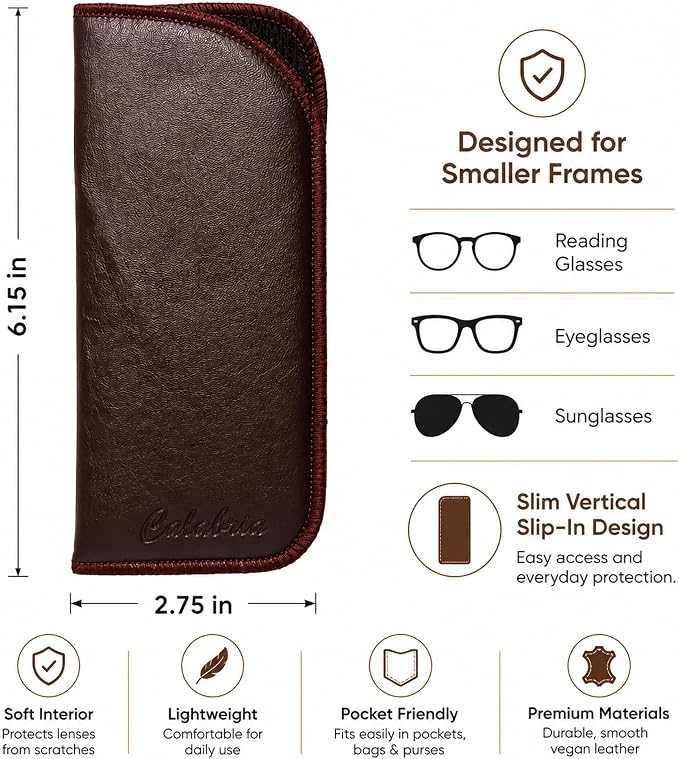 Calabria Half Slip-in Soft Eyeglass Case PU Leather Felt Brown Men Women Vertical Flat Eye Glasses Pouch Sunglasses Holder - 100PACK