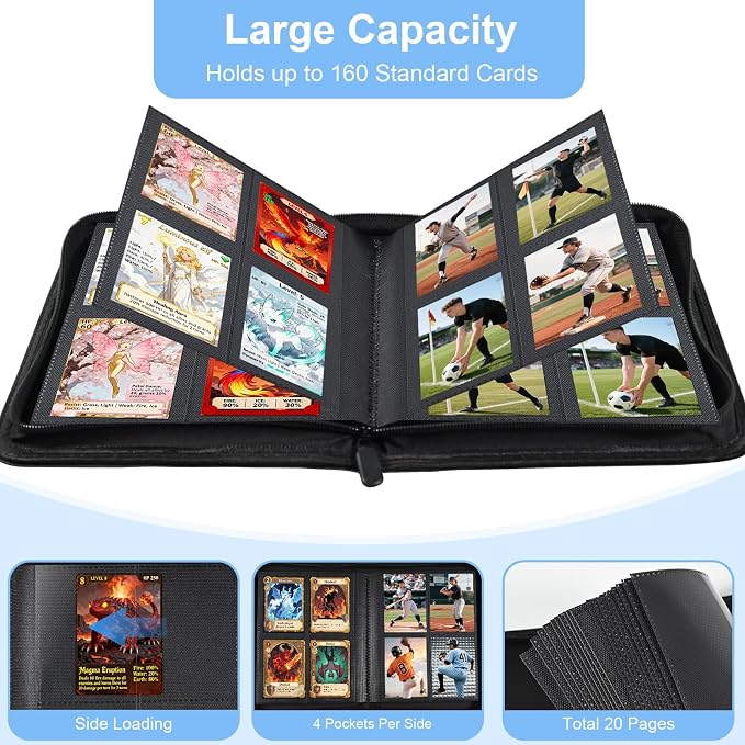 BYSTER 4 Pocket Card Binder, Premium PU Trading Card Binder with Zipper, 160 Capacity Side-Loading Binder for TCG, MTG, Sports Cards, Game Cards, Black