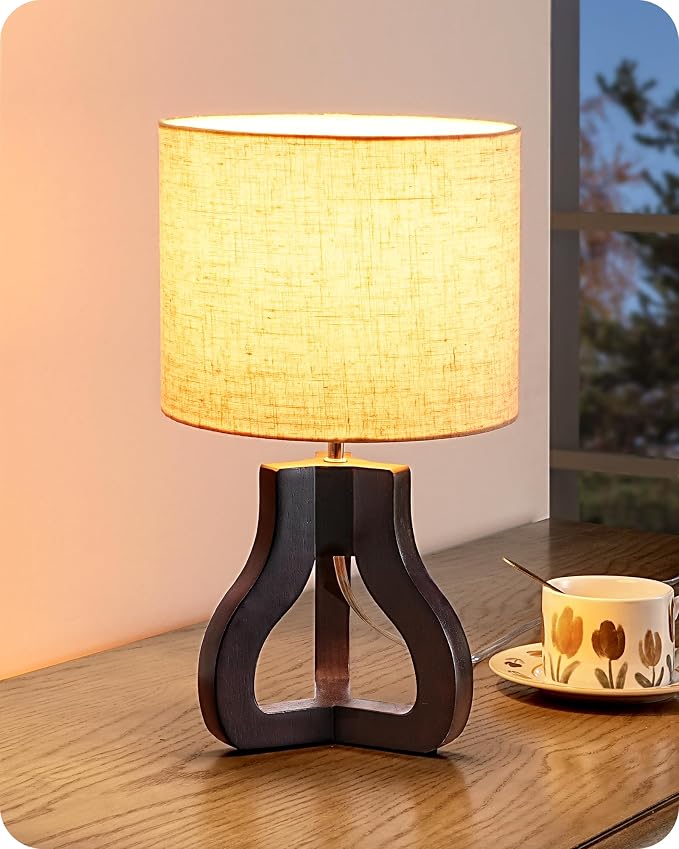 EDISHINE 14.6" Small Table Lamp, Walnut Wood Nightstand Lamp, E26 Base | Beige Linen Shade, On-Off Line Switch, Tripod Base, Cute Bedside Lamp for Living Room, Bedroom, Office