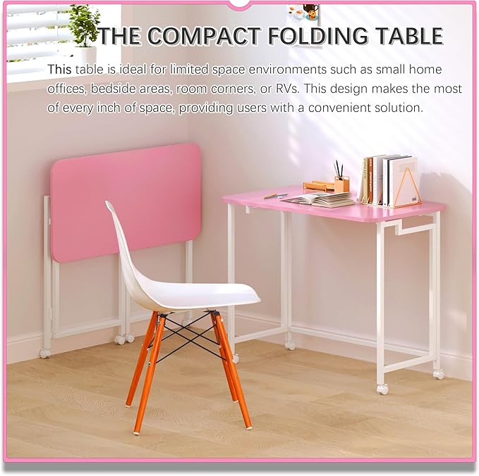 4NM 31.5" Mobile Small Rolling Computer Desk, Folding Laptop Cart Table with Wheels, Portable Office Desk for Small Space Couch Bed - Pink and White