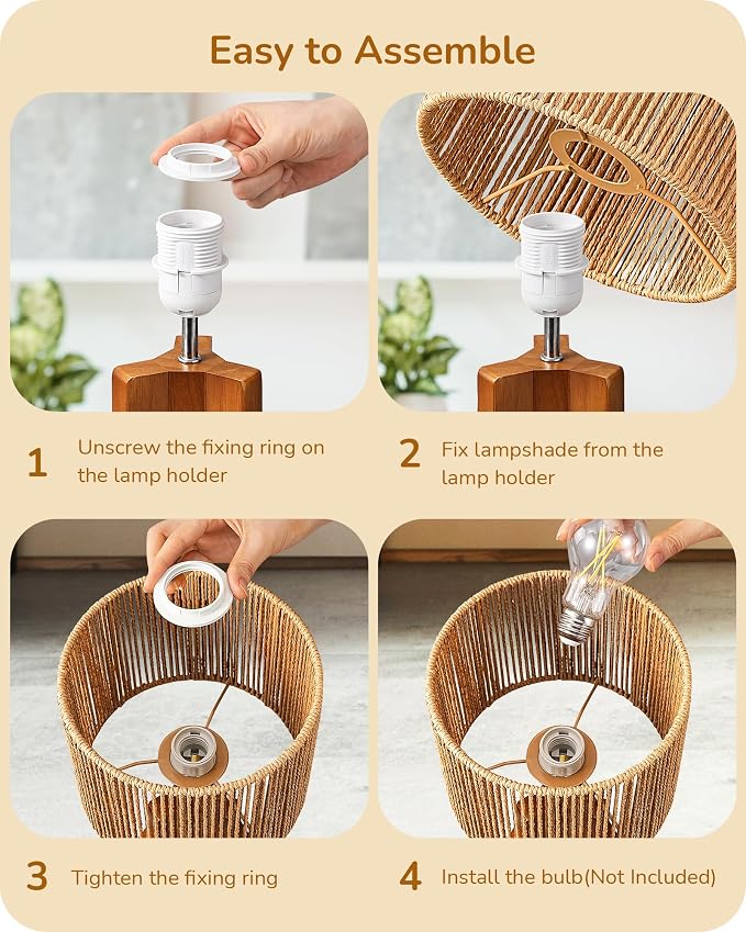 EDISHINE Small Table Lamp, Rose Wood Base, Handwoven Paper Rope Shade, E26 | Tripod Base Nightstand Lamp, On-Off Line Switch, 14.6" Rattan Bedside Lamp for Bedroom Living Room, Office