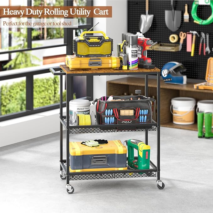 3 Tier Rolling Utility Kitchen Cart on Wheels, Heavy Duty Wire Rolling Cart with Wooden Top, Commercial Metal Serving Cart with Handle, Kitchen Island Food Storage Trolley for Laundry, Office, Garage