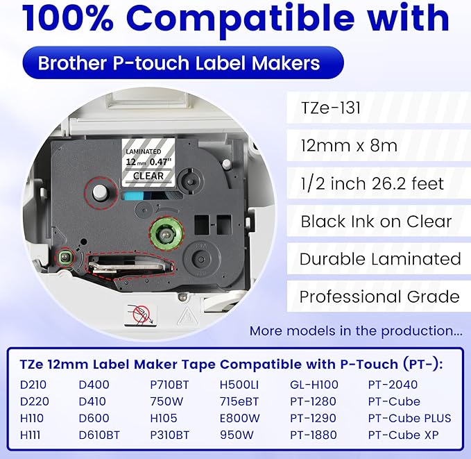 Freshworld 6-Pack Replace for Brother Label Maker Tape TZe-131 12mm 0.47 Black Ink on Clear Tape Laminated Compatible with Brother P-Touch Label Maker Refills for PTD210 D220 H110 H111 D410 610BT CUBE