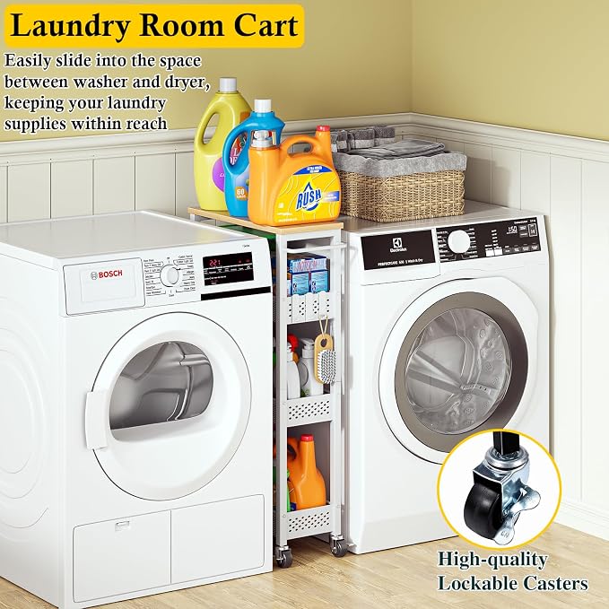 OKZEST Slim Laundry Room Organization Cart with Upgraded Metal Hub Casters | Fits between washer & dryer, 4-Tier space-saving narrow rolling cart, Premium wood top & metal mesh shelf, with handle & hook