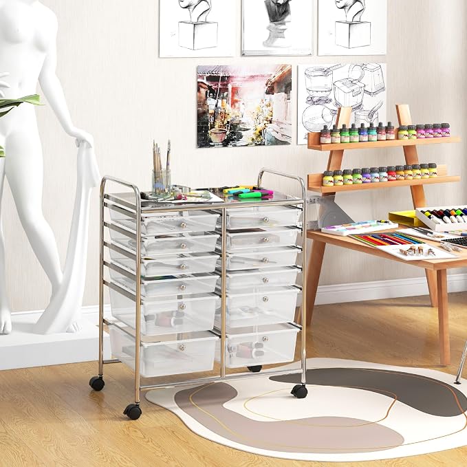 BECOMFORT 12-Drawer Rolling Cart with Drawers, Storage Cart on Wheels, Teacher Classroom Organizers with Metal Frame, Mobile Craft Cart, Trolley Utility Cart for School Office Play Room