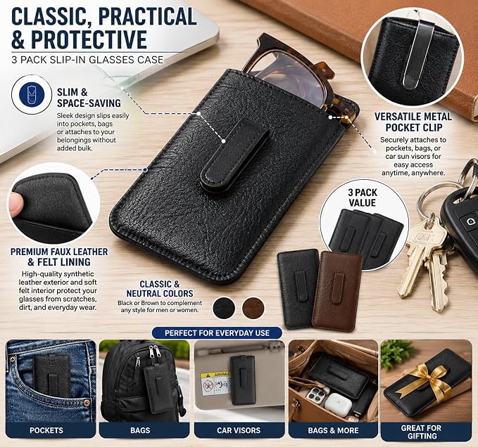 Calabria Soft Slip-In Glasses Case Pocket Metal Clip Black/Brown(2Pack) Men/Women Synthetic Leather Felt Lining 6.5"x3"