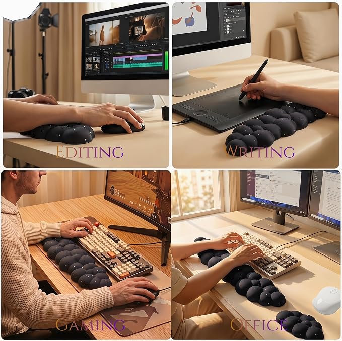 Silky Cloud Wrist Rest Set for Keyboard & Mouse, 16.9", Black Star | Memory Foam Arm Rest with Ergonomic Support Fits Full Keyboards and Reduces Typing Fatigue for Office, Gaming and Home Use