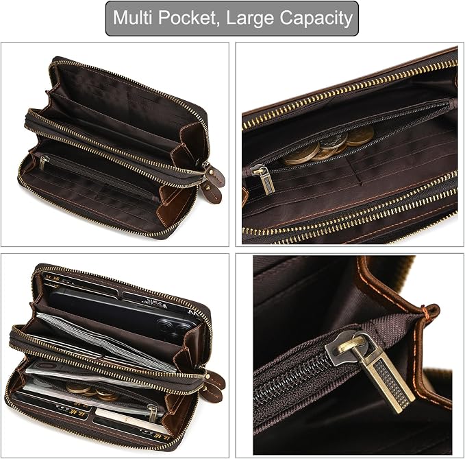 Genuine Leather Long Wallet for Men, Large Capacity Purse Clutch Bag Handbag Checkbook Cash Credit Cards Phone Holder | Large Capacity
