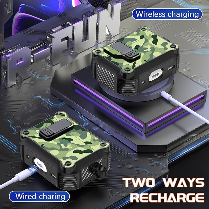 R-FUN for AirPods Pro 2 Case with Lock Magnetic Lid, Rain Camouflage | Compatible with AirPods Pro 2nd Generation and AirPods Pro 1st Generation (2019) Case with Cleaner Kit & Carabiner, MagSafe