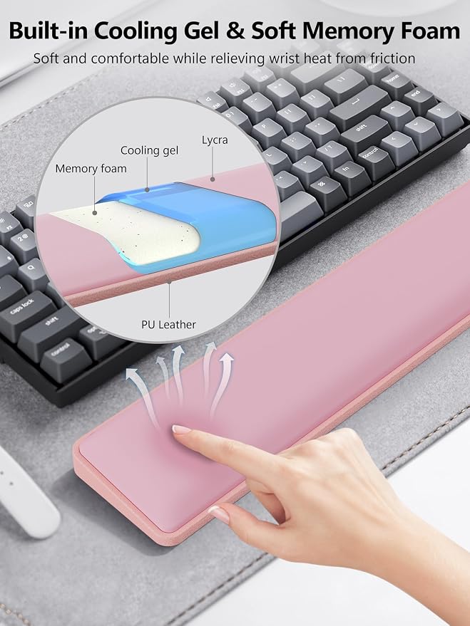 TopMade Keyboard Wrist Rest, Cooling Gel & Upgrade Soft Memory Foam Design Wrist Support for Keyboard, Full-Size Keyboard Hand Rest Pad, Ergonomic Palm Rest for Long Hours of Work, Gaming, Pink