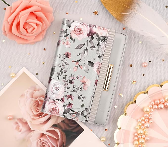 Coco Rossi Passport Holder for Travel Women Slim RFID Passport Cover Wallet | Travel Essentials, Passport Book Holders, Passport Wallet Cover Case, PU Leather, Cute, Thin, Spliced Design, Grey Flower