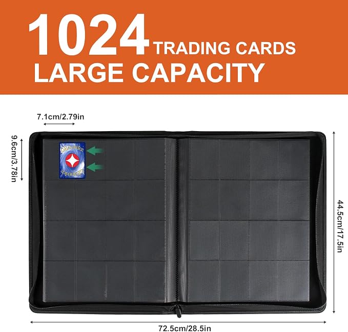 GEAoffice 16 Pocket Trading Card Binder for 1000+ Cards, Ringless Side-Loading 4x4 Card Binder with Zipper Closure, PU Leather 1024 Card Binder for MTG/TCG/Baseball/Sports&Game Cards, Orange