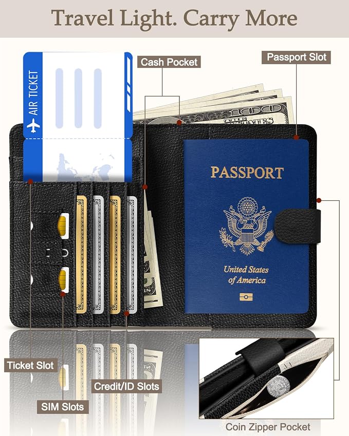 Slohif Airtag Passport Holder Cover Wallet Case for Travel Women - Leather RFID Blocking Passport Book Multiple Personalized Organizer Slim Portable Carrier Card Slots Protector Sleeve Stamp