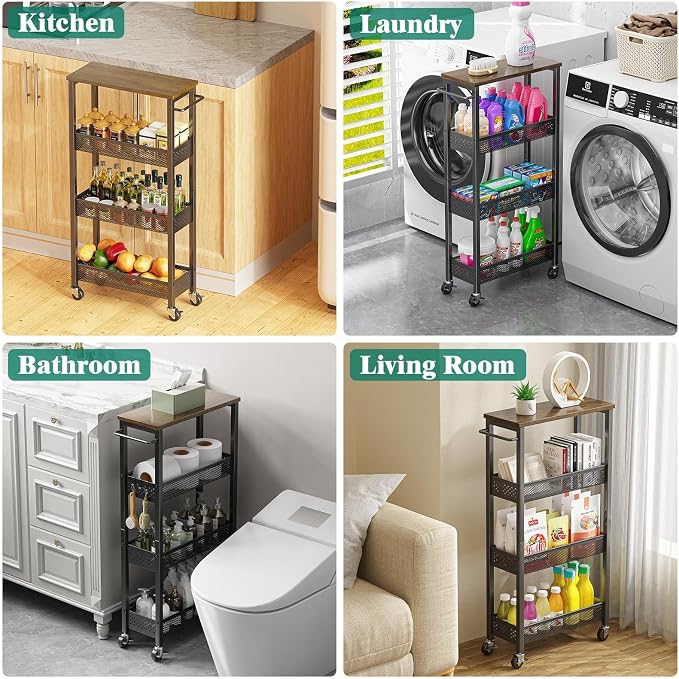 Slim Rolling Storage Cart 4 Tier Bathroom Organizer Mobile Shelving Unit Utility Cart with Wood Top and Handle for Kitchen Laundry Narrow Places, Black