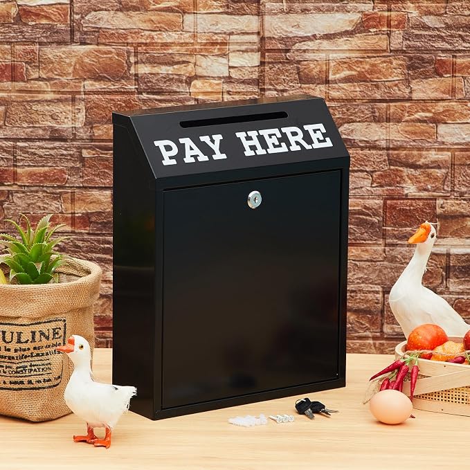 Yaocom Safe Metal Cash Box for Farm Stand – Money Drop and Secure Donation Collection, Wall Mount Lockable Unit with Pre Drilled Holes for Outdoor Self Serve(Black,15 x 12 x 4 Inch)