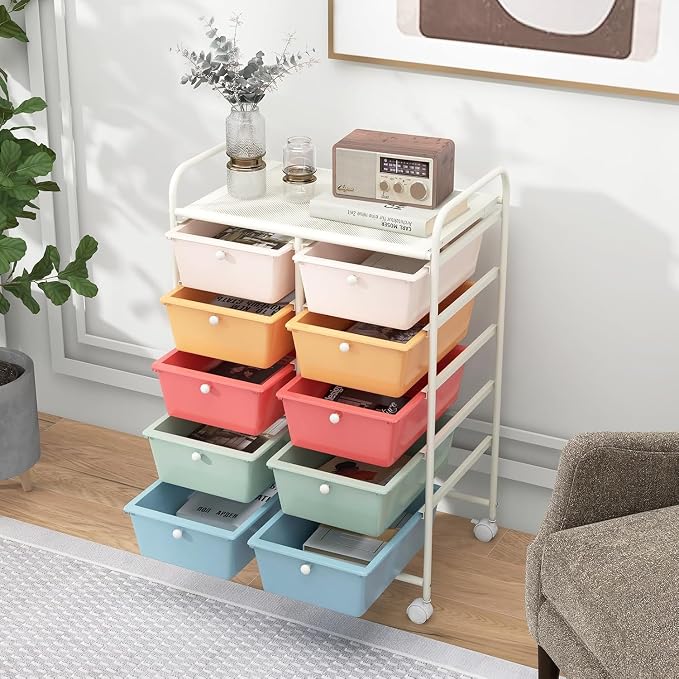 10 Drawer Rolling Cart, Storage Cart Organizer on Wheels, Drawer Cart with Metal Frame & Large Storage Capacity, Rolling Cart with Drawers for Living Room Classroom, Office
