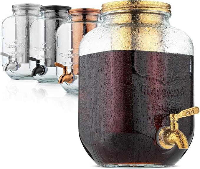 BTaT- 1 Gallon Cold Brew Coffee Maker, Thick Glass Pitcher with Stainless Steel Filter | Stainless Steel Filter, Lid & Spigot Iced Coffee Sun Tea Brewer Mason Jar Cold Brew Container Fast Iced Tea Maker for Fridge