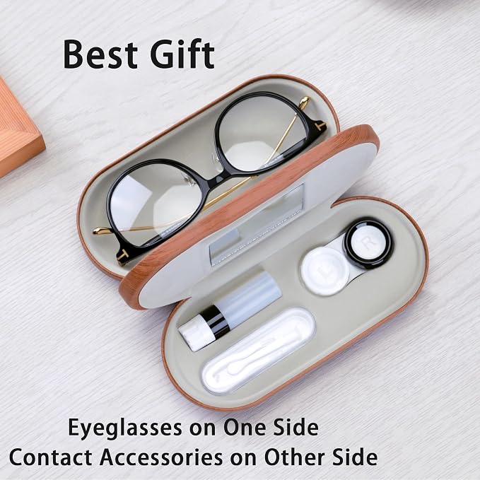 Muf 2 in 1 Contact Lens Case and Glasses Case, Double Sided Design with Mirror, Portable Travel Kit with Tweezer, Remover and Solution Bottle, Walnut Wood