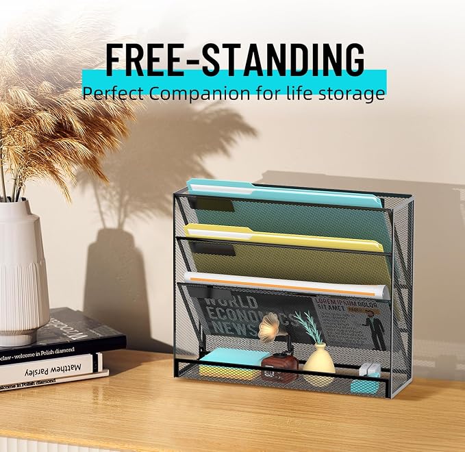 Wall File Organizer Mesh Office Mail Holder, Hanging Wall Organizer Magazine Rack for Office Black, 4 Tier