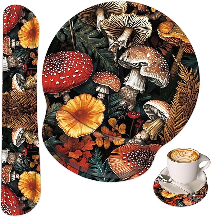 Keyboard Wrist Rest and Mouse Wrist Rest Pad with Cup Coaster,Made of Memory Foam,Ergonomic Support,Easy-Typing and Pain Relief,for Gaming Office Home Computer,Cute Forest Mushroom