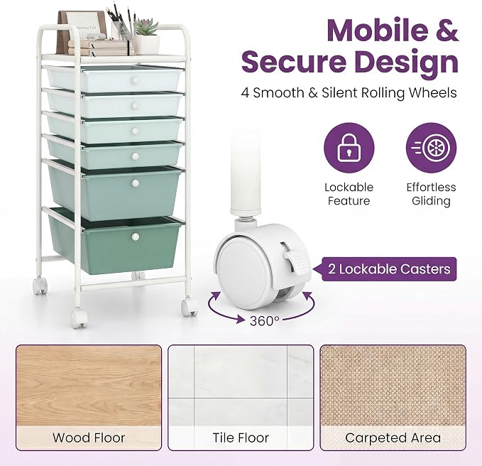 COSTWAY 6-Drawer Rolling Storage Cart, Art Craft Tools Organizer on Wheels | Multifunctional Heavy Duty Utility Mobile Storage Trolley w/ 2 Lockable Wheels for Home Office School (Green Gradient)