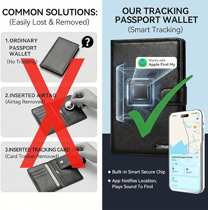 Trackable Passport Holder for Travel, RFID Blocking Wallet, Black | Rechargeable PU leather cover works with Apple Find My and is Apple MFi certified; it includes card storage and a lanyard.