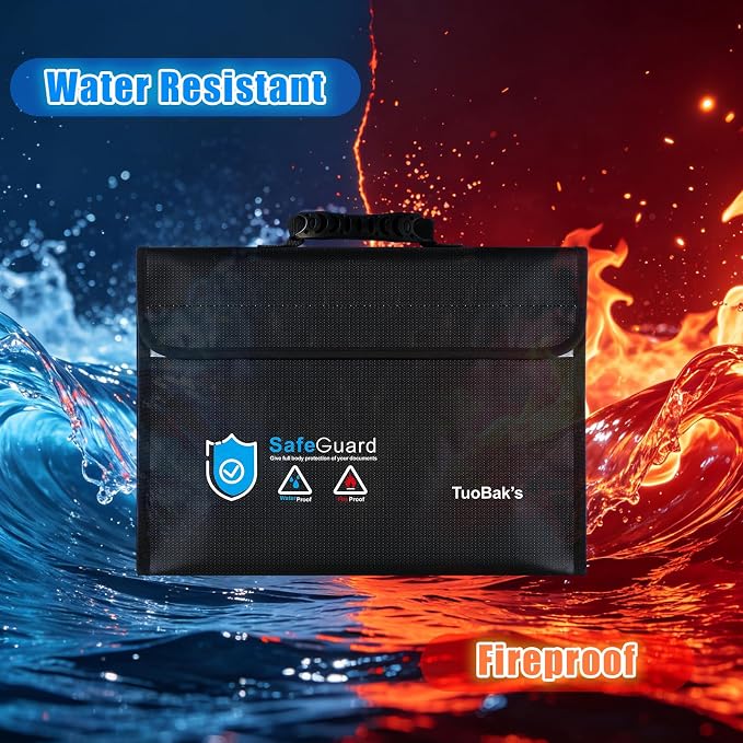 Fireproof Document Bag - Large (17" x 12" x 5.7") Fireproof Waterproof Document Bag,Legal Size Documents and Valuables, Heavy Duty Lightweight Briefcase for Home or Office(Black）