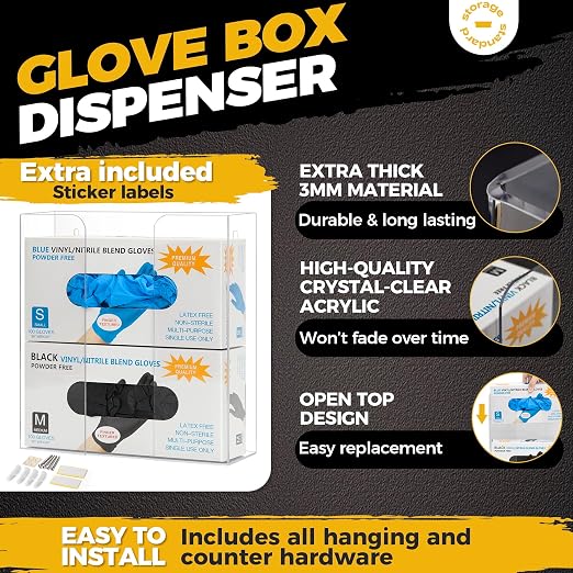 Double Glove Box Holder Dispenser - Kitchen, Medical, & Latex Gloves Holder Wall Mount or Countertop, Universal Fit - Thick Acrylic, Easy to Use, Slide, & Load Open Top Design - Clear