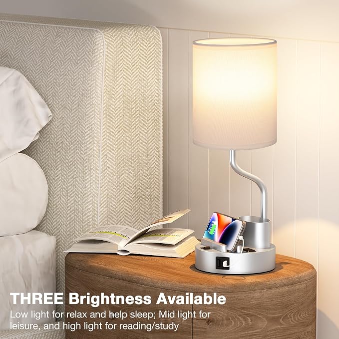 Bedside Lamps for Bedroom Set of 2 - Table Desk Lamp for Nightstand | 15" Table Lamp for Living Room with Pen Holder & Phone Stand, USB A+C Port, AC Outlet, 3 Color Temperature, LED Bulb Included