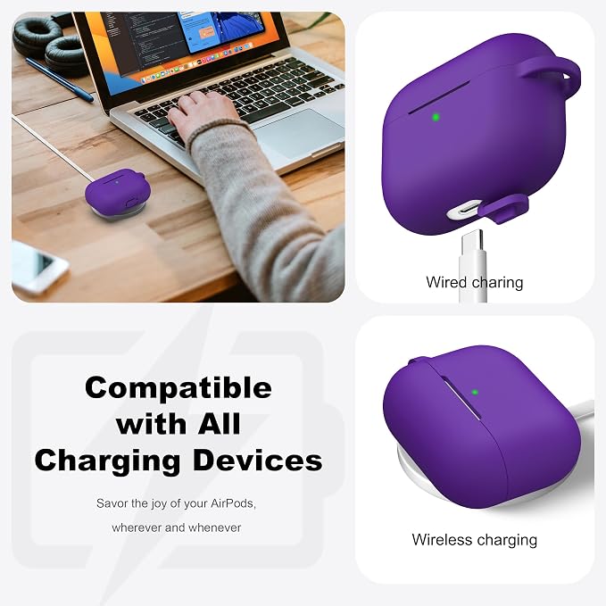 R-fun for AirPods Pro 2 Case, Soft Silicone Protective Cover with Keychain and Cleaning Pen, Compatible with AirPods Pro 2nd/1st Generation, Supports Wireless Charging, Purple