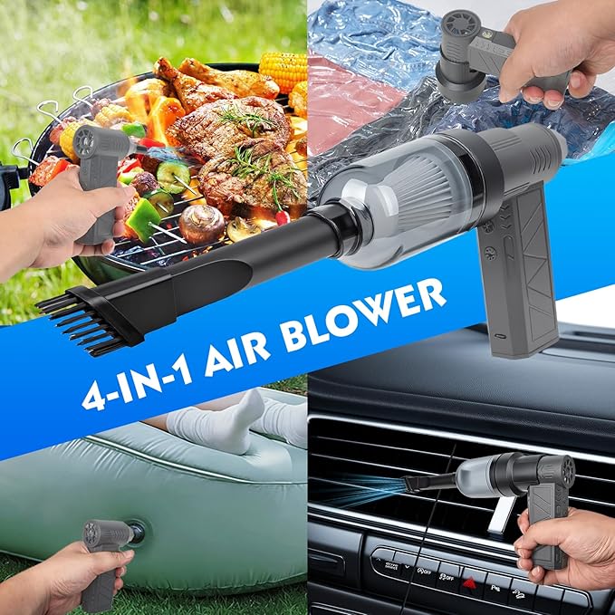 4-in-1 Compressed Air Duster with Light, Handheld Car Vacuum/Air Blower/Pump/Inflate 130000RPM Adjustable Electric Vacuum Cleaner for Computer Keyboard Car Home(Gray)