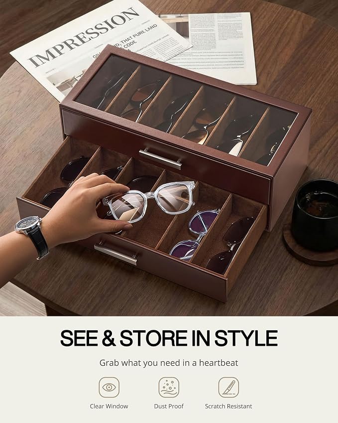 ProCase Sunglasses Organizer Box with Clear Glass Lid, PU Leather Eyeglass Storage Display Case for Men and Women