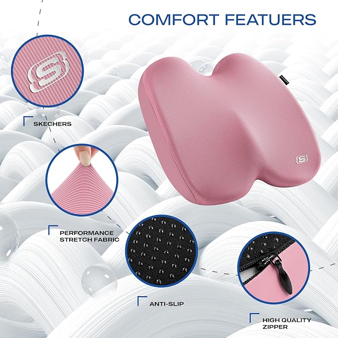Skechers Seat Cushion, Ergonomic Memory Foam Cushion for Long Sitting Hours on Office & Home Chair, Car Seat Cushion for Sciatica, Coccyx Cushion,Pink