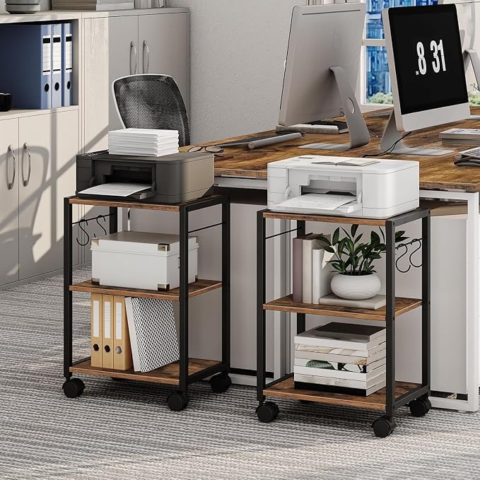 MAHANCRIS Printer Stand, 3-Tier Under Desk Rolling Cart with Storage Shelf, Heavy Duty Printer Table with Wheels for Home and Office, Printer Shelf with 2 Hooks, Small Spaces, Rustic Brown PTHR4001Z