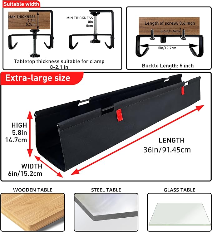 Under Desk Cable Management Tray – No Drill, 36" L x 6" W, Non-Scratch Silicone Clamps, 16 Cable Slots, Washable Honeycomb Base,Black
