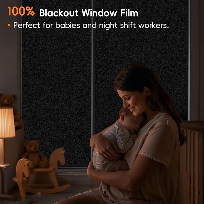 Blackout Window Privacy Film, Removable Window Cover Static Cling, Darkening Light Heat Blocking, Window Tint for Home Garage Bedroom Day Sleep, Black 29.5 Inch * 78.74 Inch