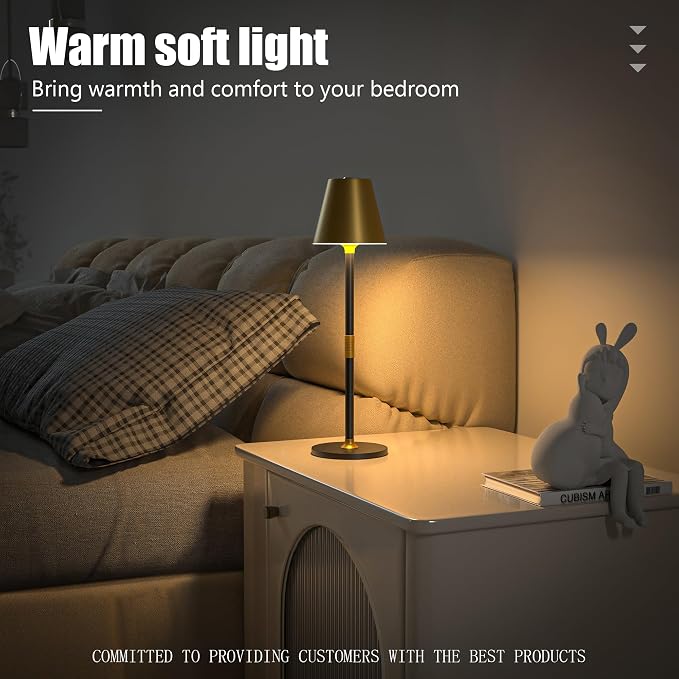 Timjorman 1-Pack Cordless Table Lamps - 5000mAh Rechargeable Battery Operated Desk Lamp, 3-Level Dimmable LED Night Light for Bedroom, Dining, Restaurant - Metal Design(Gold&Black-1Pack)