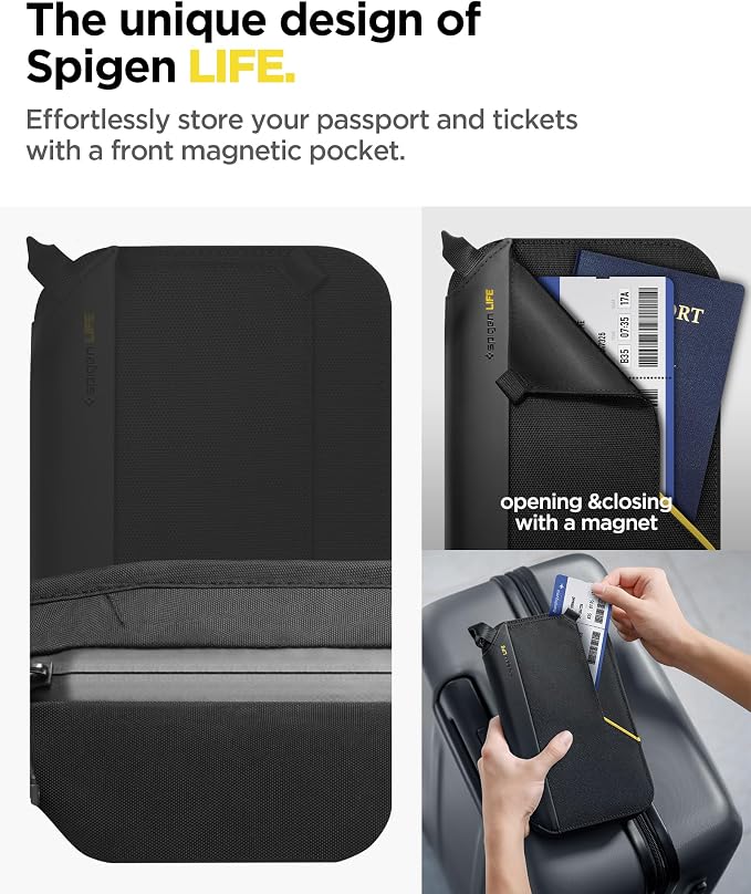 Spigen Life Passport Card Cover Holder, RFID Blocking | Travel Document Organizer, SIM Card Pin Included - Black